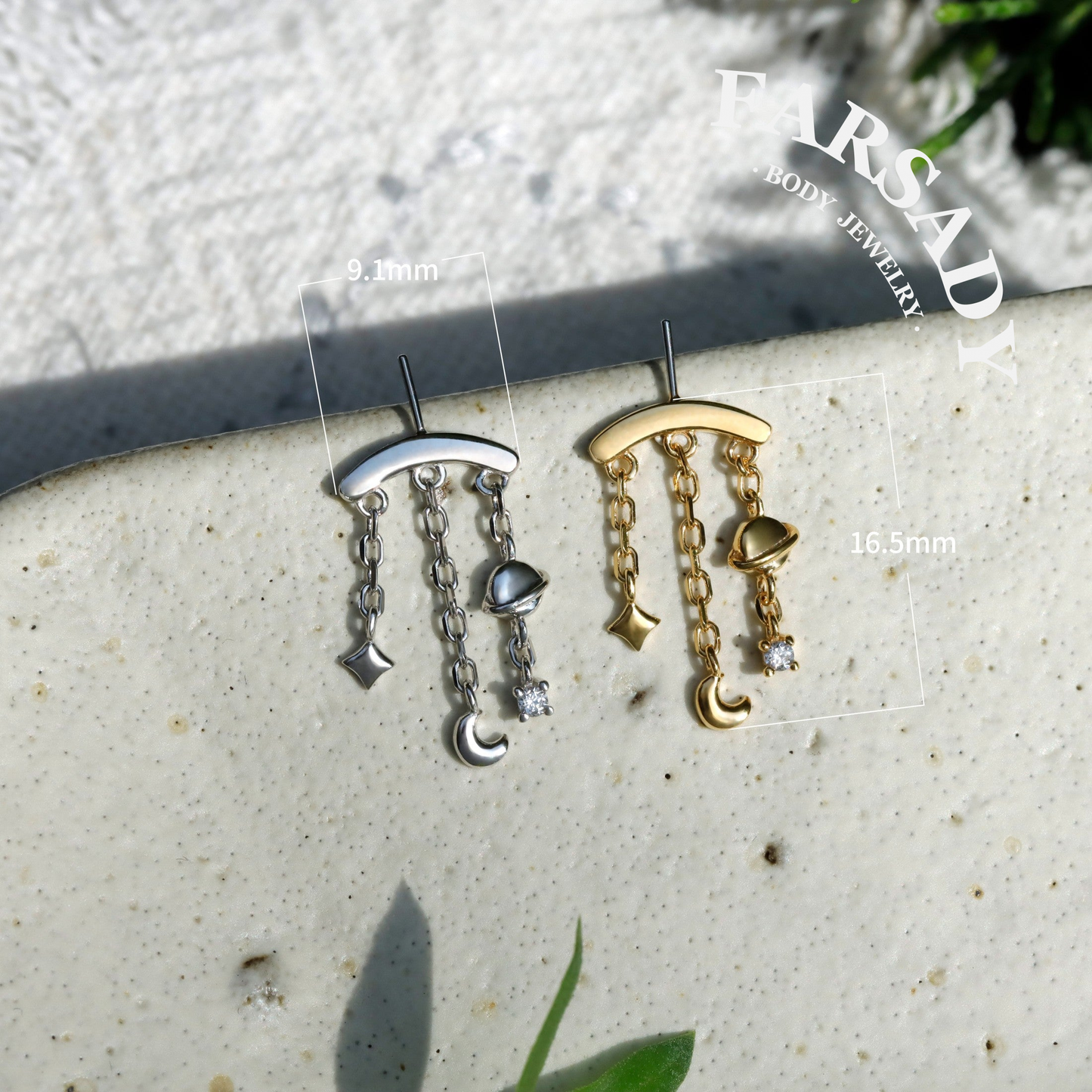 Designed for vertical helix piercing/925 Silver Helix Chain Earring 18K Plated/Star Moon Planet Earring/ Threadless Push In Hidden Rook Stud
