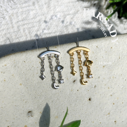 Designed for vertical helix piercing/925 Silver Helix Chain Earring 18K Plated/Star Moon Planet Earring/ Threadless Push In Hidden Rook Stud