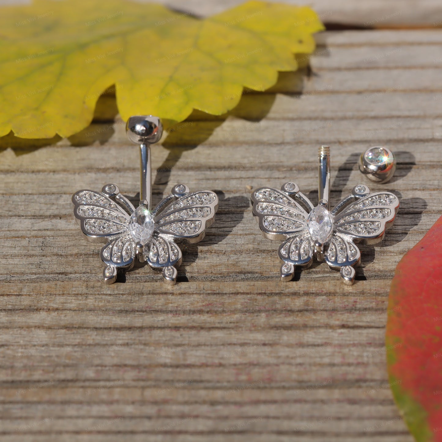 14G Sterling Silver Butterfly Belly Button Ring|Waterproof Belly Bar|Never Getting Green Belly Ring|Fresh piercing navel jewelry 6/8/10/12mm Miss Vivi Jewelry