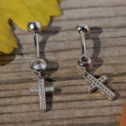 14G S925 Sterling Silver Cross Dangel Belly Ring| Silver Belly Button Ring| Navel Piercing Jewelry| Waterproof belly barbell| Never Tarnish Miss Vivi Jewelry