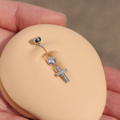 14G S925 Sterling Silver Cross Dangel Belly Ring| Silver Belly Button Ring| Navel Piercing Jewelry| Waterproof belly barbell| Never Tarnish Miss Vivi Jewelry