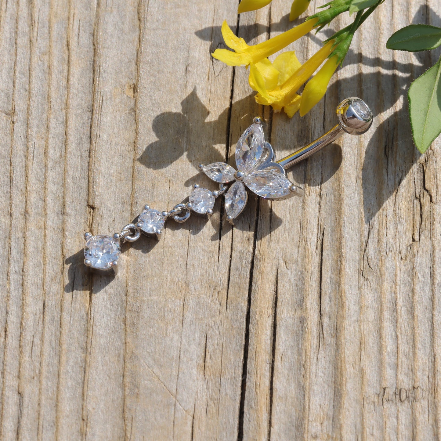 14G Sterling Silver Butterfly Dangle Belly Button Ring/ Waterproof Belly Bar/ Never Getting Green Belly Ring/ Fresh piercing navel jewelry Miss Vivi Jewelry