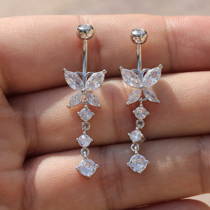 14G Sterling Silver Butterfly Dangle Belly Button Ring/ Waterproof Belly Bar/ Never Getting Green Belly Ring/ Fresh piercing navel jewelry Miss Vivi Jewelry