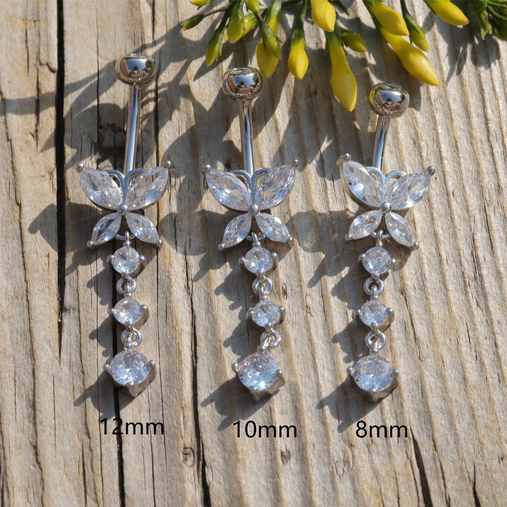 14G Sterling Silver Butterfly Dangle Belly Button Ring/ Waterproof Belly Bar/ Never Getting Green Belly Ring/ Fresh piercing navel jewelry Miss Vivi Jewelry