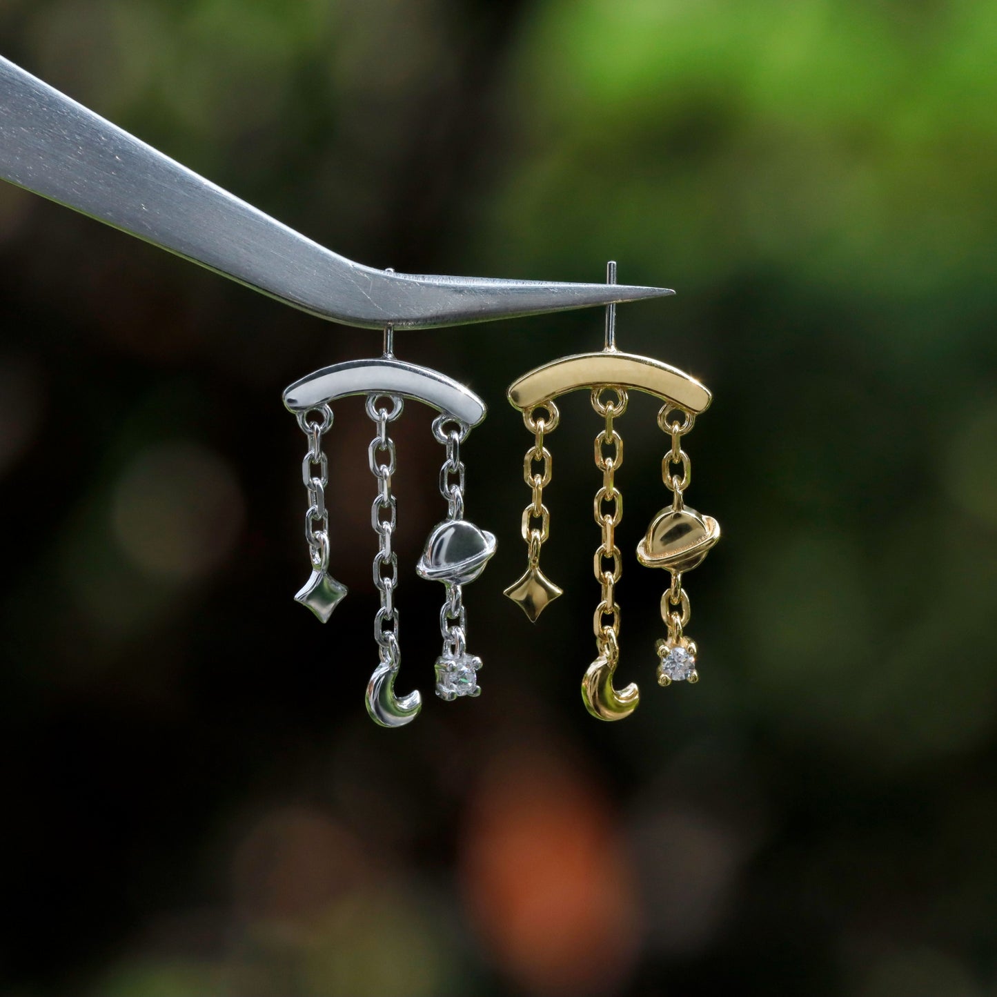 Designed for vertical helix piercing/925 Silver Helix Chain Earring 18K Plated/Star Moon Planet Earring/ Threadless Push In Hidden Rook Stud