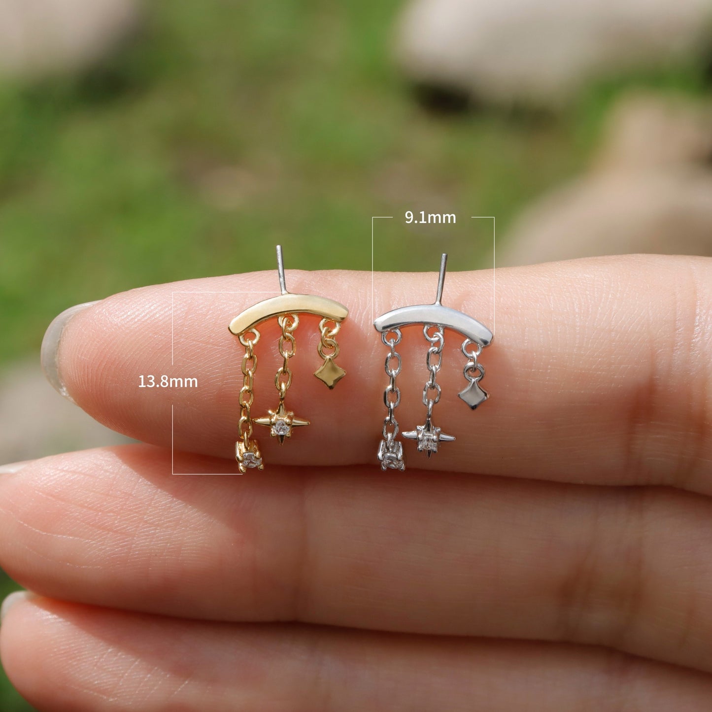 Designed for vertical helix piercings/ 925 Silver Helix Chain Earring 18K Plated/ Star Dangle Earring/ Threadless Push In Hidden Rook Stud