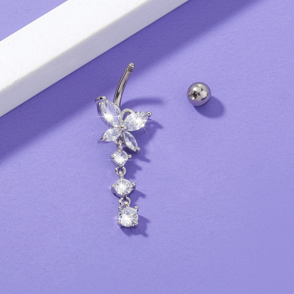 14G Surgical Steel Cystal Butterfly Belly Rings/ Zircon Dangle Navel Ring/ Butterfly Belly Piercing/ Belly Button Bar/ CZ Butterfly Jewelry Miss Vivi Jewelry