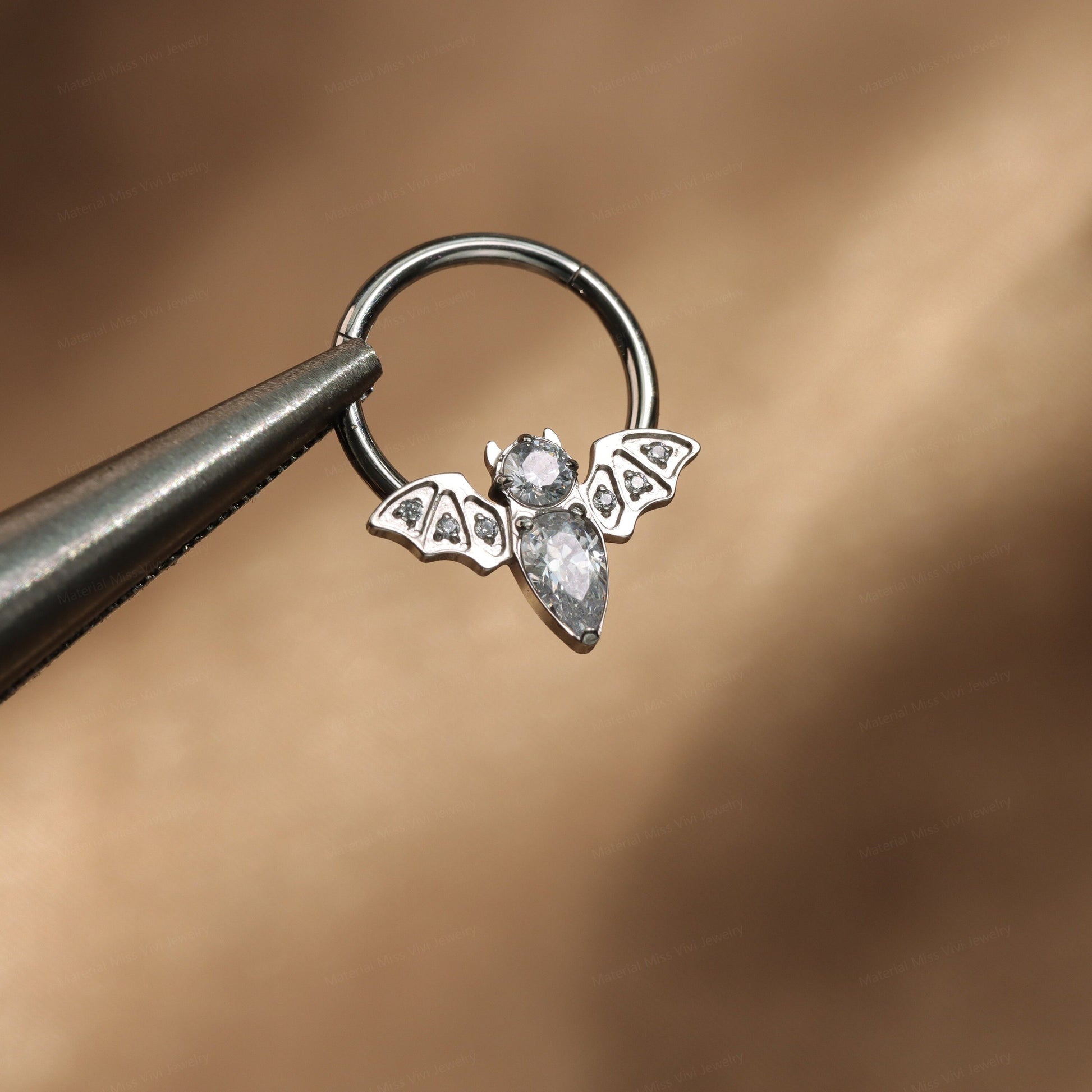 16G ASTM F136 Titanium CZ Bat Hinged Septum Ring/ Titanium Bat Septum 10mm/ Septum Hoop Silver/ Daith Clicker Hoop/ Daith Jewelry/ Halloween Miss Vivi Jewelry