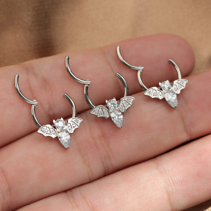 16G ASTM F136 Titanium CZ Bat Hinged Septum Ring/ Titanium Bat Septum 10mm/ Septum Hoop Silver/ Daith Clicker Hoop/ Daith Jewelry/ Halloween Miss Vivi Jewelry
