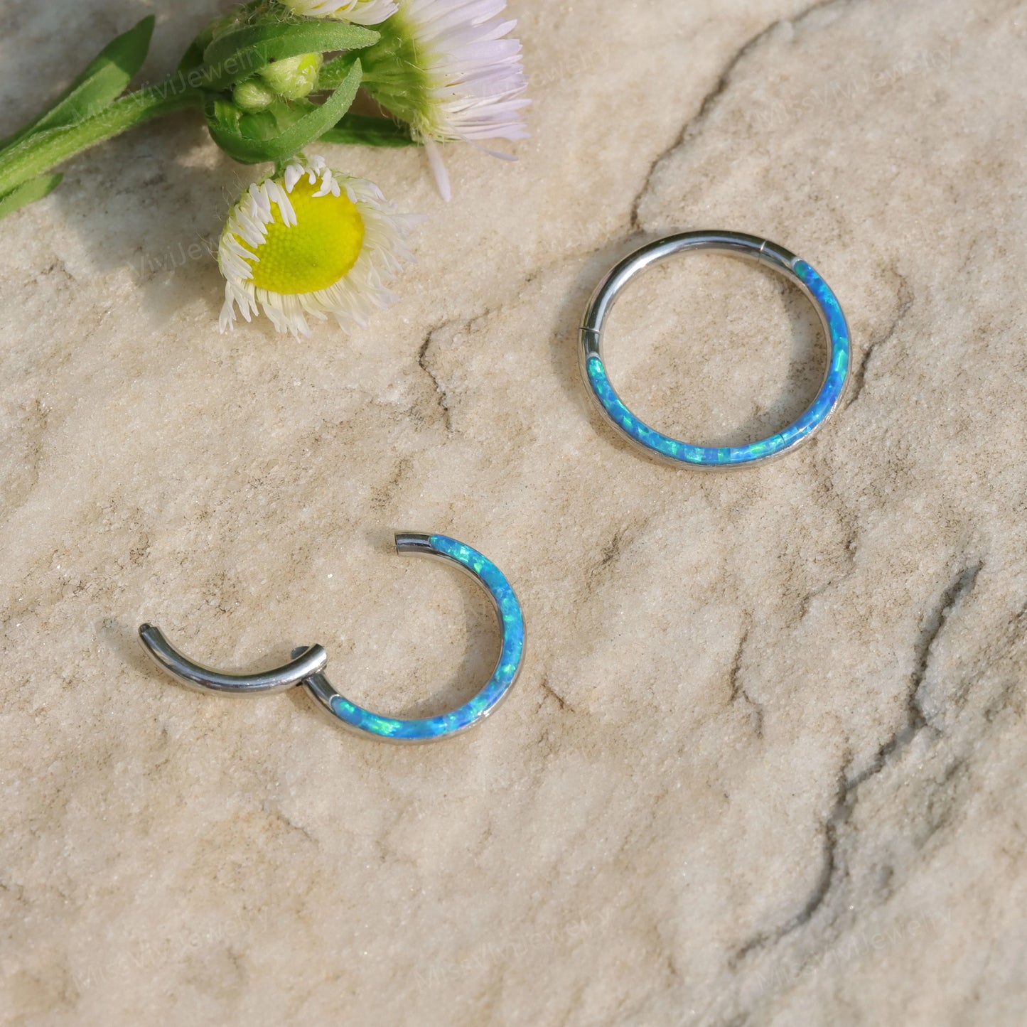 16G-Implant Grade Titanium Fire Opal Lined Front Facing Seamless Clicker Hoop/ Opal Septum Hoop/ Hinged Hoop Earring/ Daith Ring1.2*8/10mm Miss Vivi Jewelry