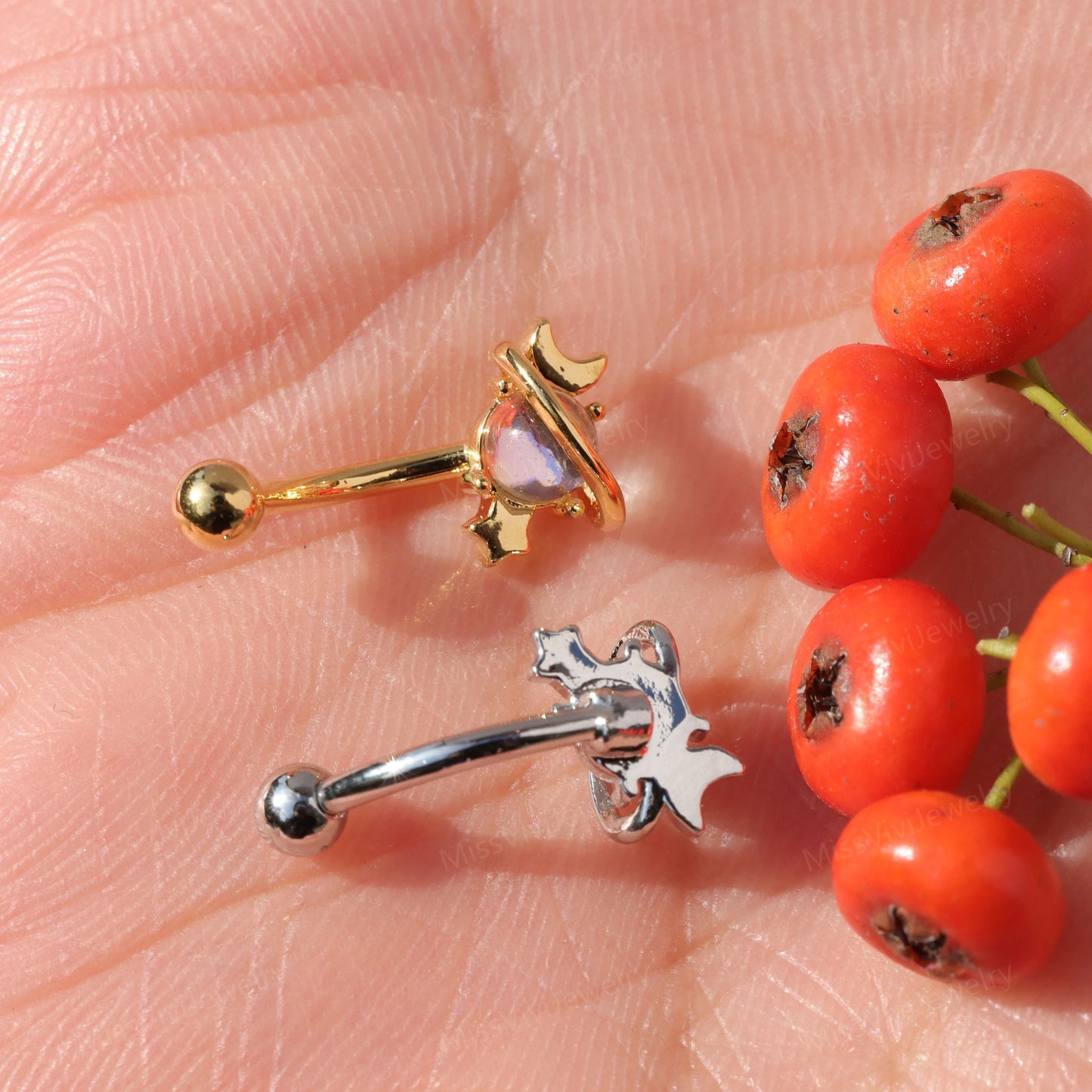 16G Moon&Star Rook Earring/ Rook Earring Barbell/ Rook Piercing Jewelry/ Eyebrow Piercing Jewelry/ Eyebrow Ring/Rook Barbell 8mm Silver Gold Miss Vivi Jewelry