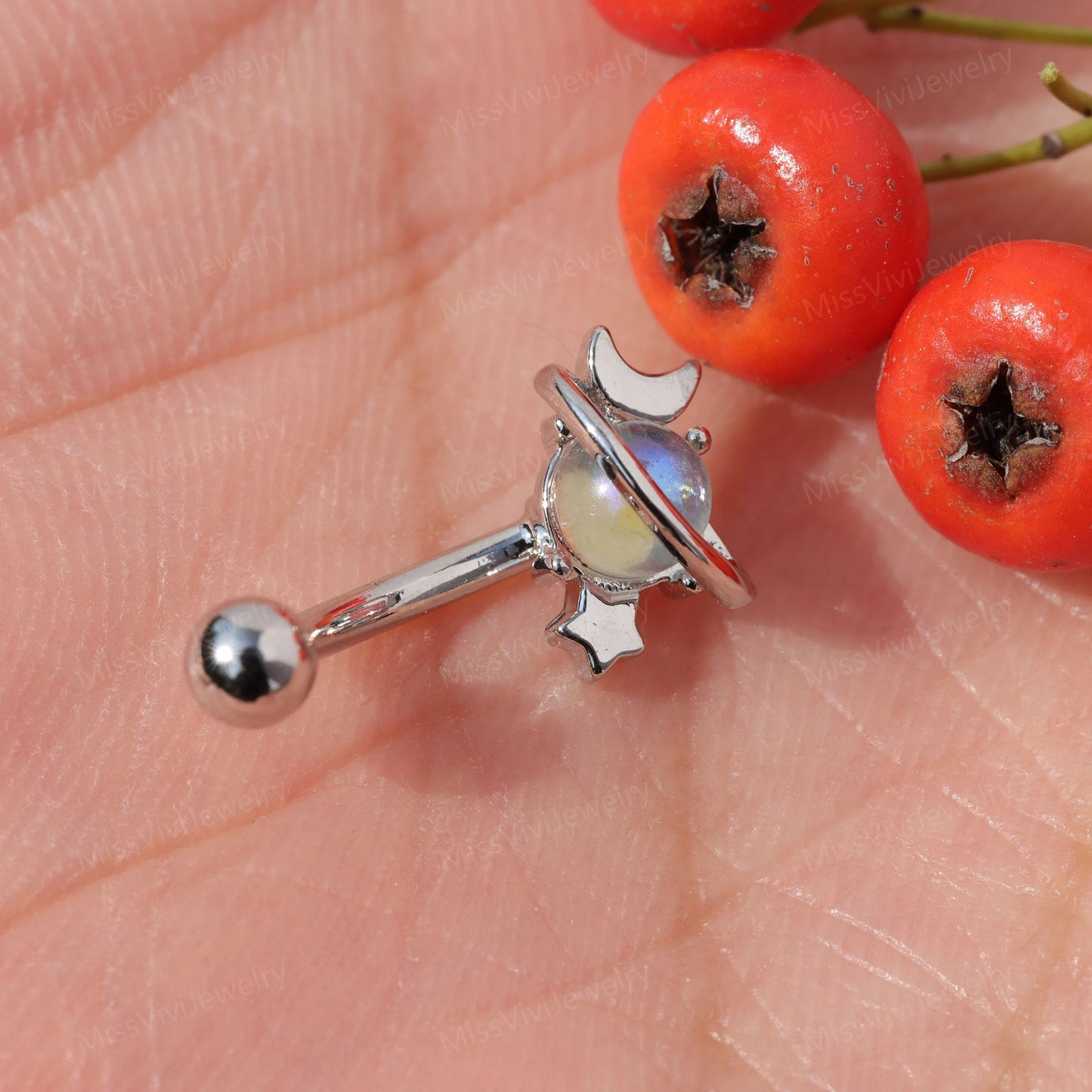 16G Moon&Star Rook Earring/ Rook Earring Barbell/ Rook Piercing Jewelry/ Eyebrow Piercing Jewelry/ Eyebrow Ring/Rook Barbell 8mm Silver Gold Miss Vivi Jewelry