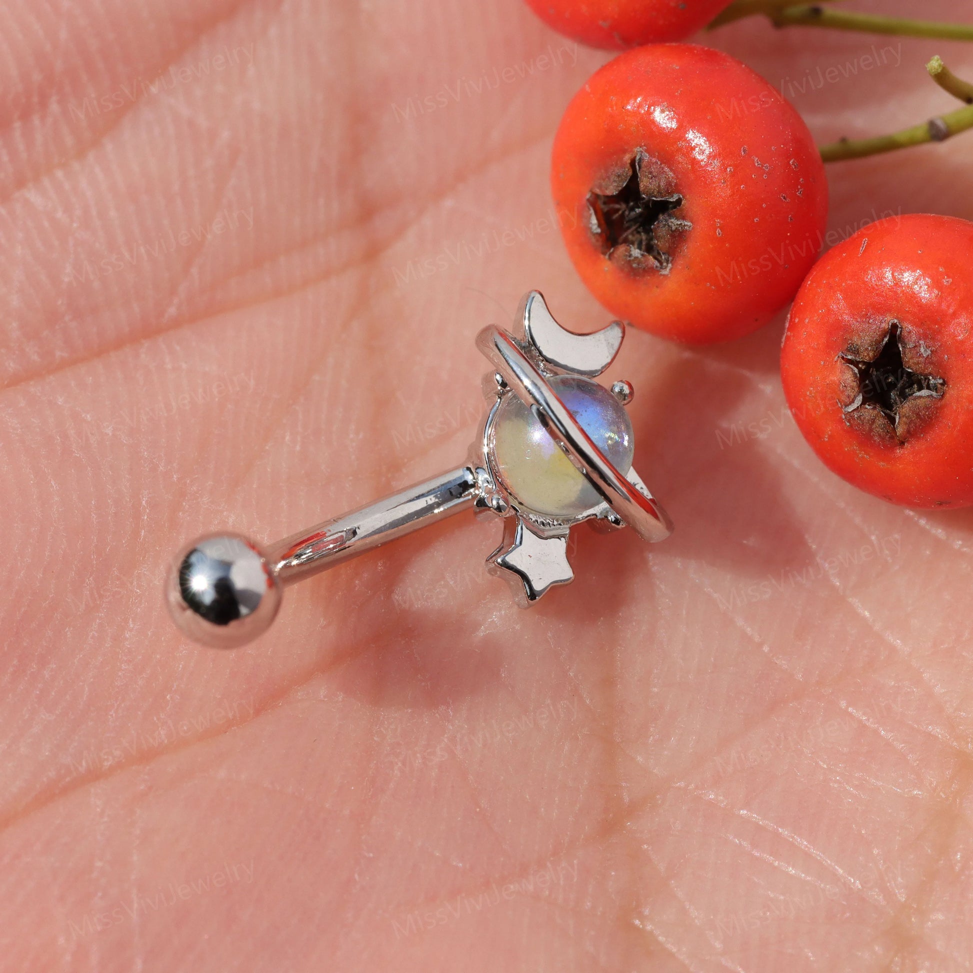 16G Moon&Star Rook Earring/ Rook Earring Barbell/ Rook Piercing Jewelry/ Eyebrow Piercing Jewelry/ Eyebrow Ring/Rook Barbell 8mm Silver Gold Miss Vivi Jewelry