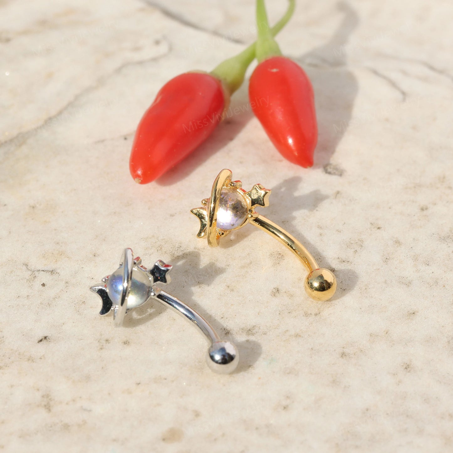 16G Moon&Star Rook Earring/ Rook Earring Barbell/ Rook Piercing Jewelry/ Eyebrow Piercing Jewelry/ Eyebrow Ring/Rook Barbell 8mm Silver Gold Miss Vivi Jewelry