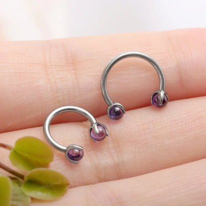 16G Titanium Amethyst Horseshoe Ring/ Internally Threaded Horseshoe Circular Barbell/ Septum Ring Silver/ Barbell Septum Ring 1.2*6/8/10mm Miss Vivi Jewelry