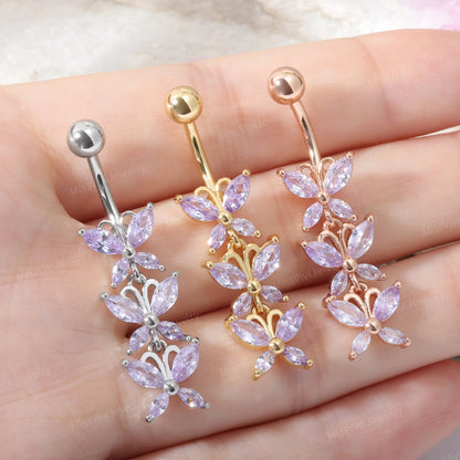 14G CZ Butterfly Belly Button Ring| Dangle Belly Ring| Crystal Navel Ring| Belly Piercing| Butterfly Navel Ring| Silver Belly Bar| 1.6*10mm Miss Vivi Jewelry