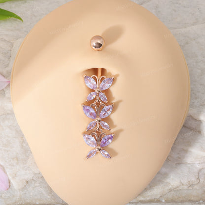 14G CZ Butterfly Belly Button Ring| Dangle Belly Ring| Crystal Navel Ring| Belly Piercing| Butterfly Navel Ring| Silver Belly Bar| 1.6*10mm Miss Vivi Jewelry