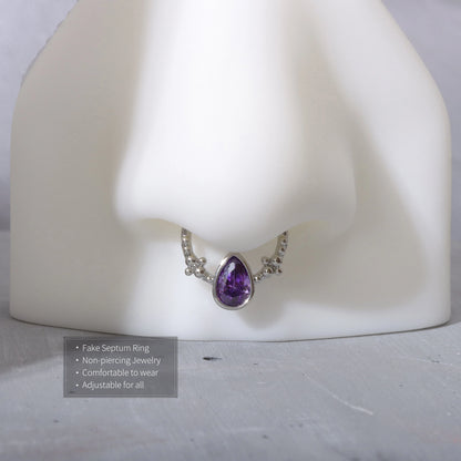 Fake Septum Ring Fit All/Adjustable Purple Waterdrop CZ Setpum Hoop/Gold Septum Cuff/Silver Clip On Nose Ring/Fake Hoop/False Nose Ring 10mm Miss Vivi Jewelry