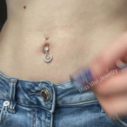 Sterling Silver Moon Dangle CZ Belly Button Ring