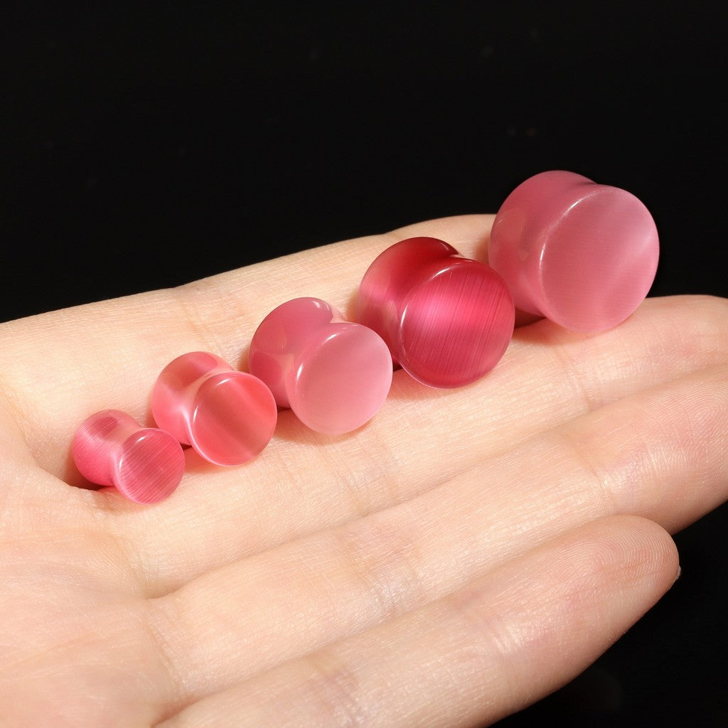 Pink Cat's Eye Stone Ear Plug Earrings/ Ear Gauges 6~14mm/ Stone Ear Stretchers