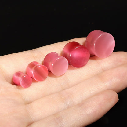 Pink Cat's Eye Stone Ear Plug Earrings/ Ear Gauges 6~14mm/ Stone Ear Stretchers
