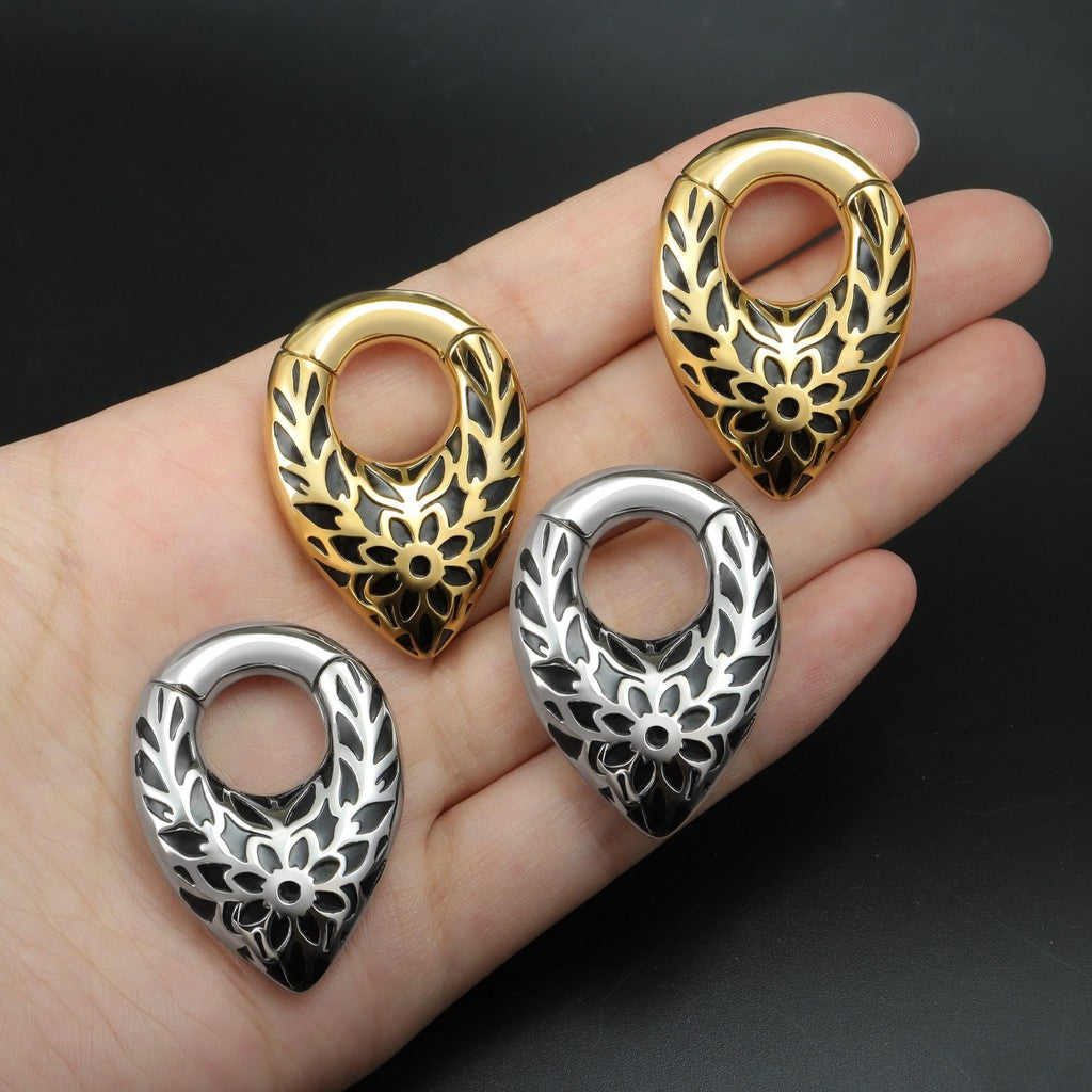 Pattern Tribal Ear Weights Hanger with Easy Closure/Teardrop Ear Gauge Earrings/Ear Stretched Jewelry/Weighted Hoops Silvery /Gauge Weight