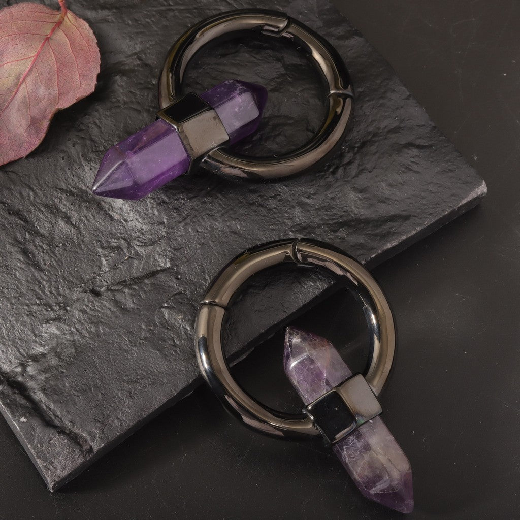 Amethyst Ear Weight/ 6mm 2G Ear Lobe Hanger/ Ear Weight Gauges For Stretched Ear/ Spike Amethyst Plug Earring/Stone Dangle Ear Hanger Silvery