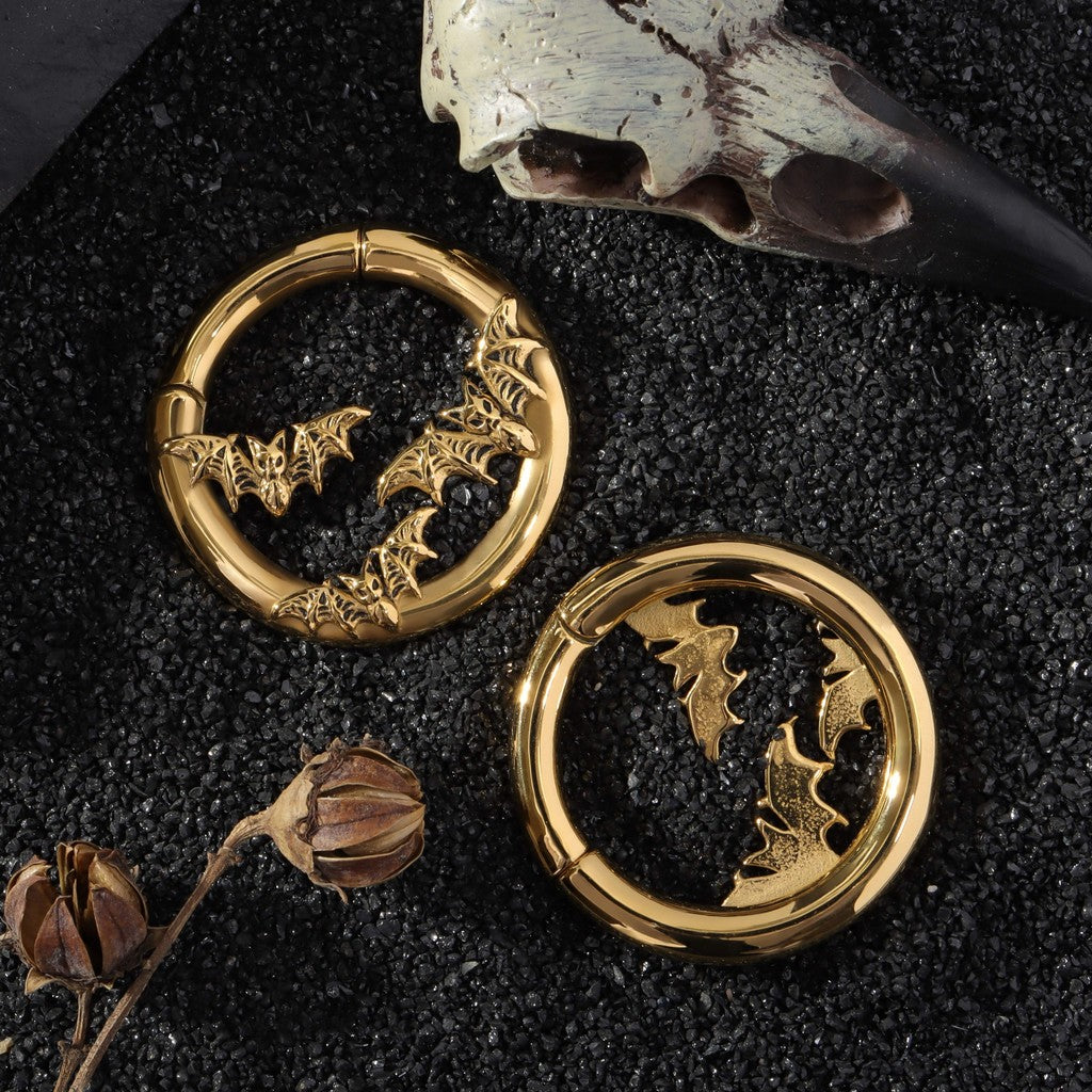 Flying Bat Ear Weights/ Round Ear Gauge Rings/ Stretched Ear Jewelry/6G Ear Plugs/Golden Ear Hangers/Steel Tunels