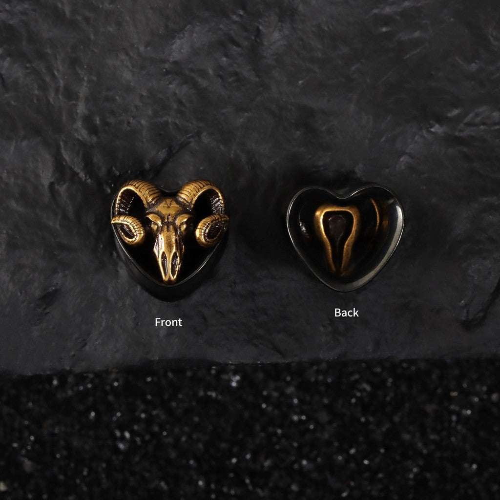 Handmade Ram Skull Ear Plugs – Golden & Black Acrylic Tunnels – Gothic Animal Skull Gauges – Unique Ear Stretching Jewelry – 8mm to 14mm