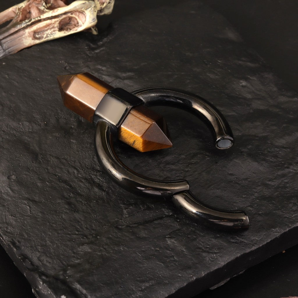 Tiger's eye Stone Ear Weight With Easy Clasp/ Black Stretched Earrings/  2G Lobe Earrings/ Hinged Lobe Weights Hoop/ Cricle Weights