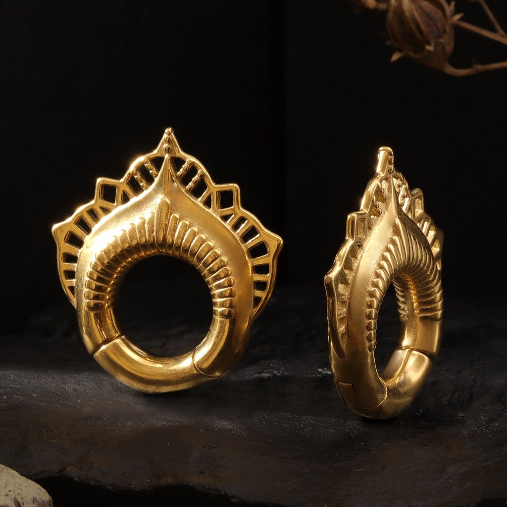 Golden Lace Flower lobe weights/ Hinged Gauge Ring/ 2G Ear Gauges/ Ear Lobe stretching 6mm/ Gift Packaged Ear Weights