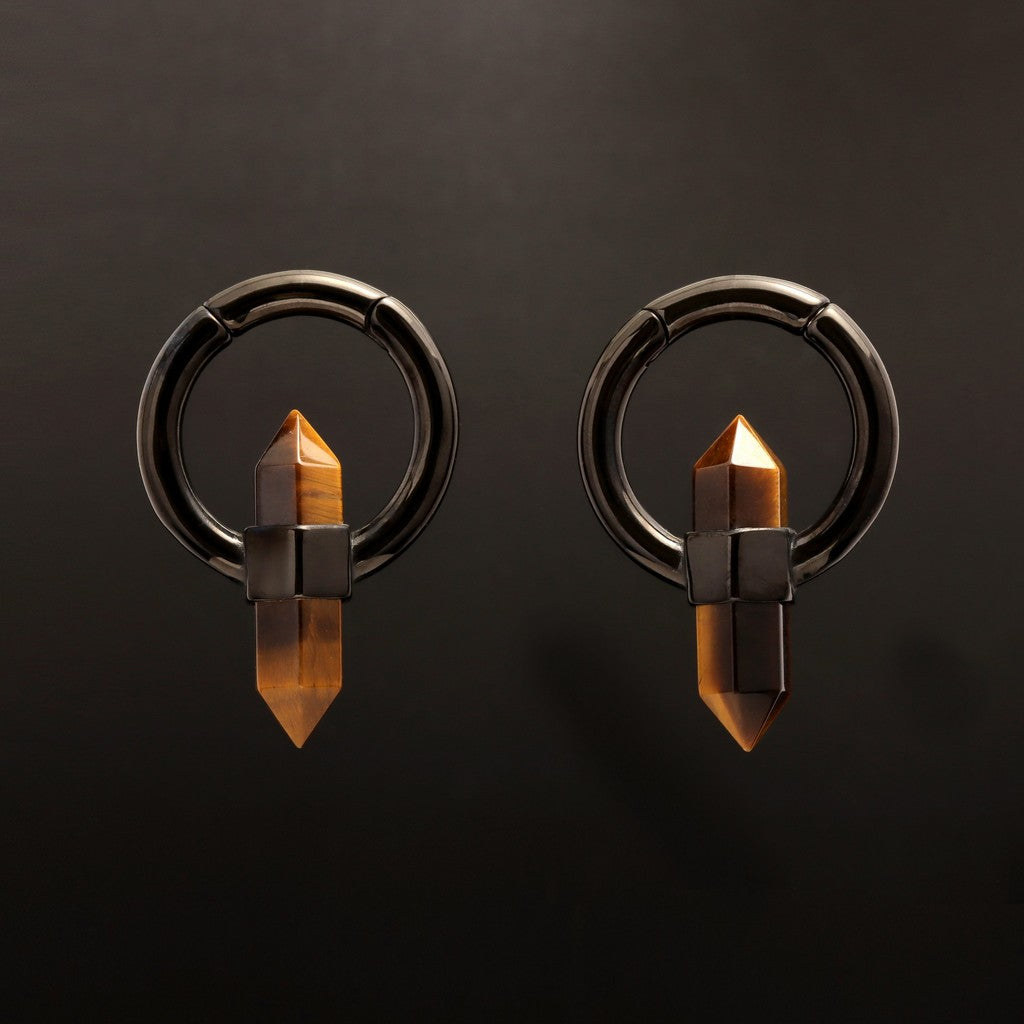 Tiger's eye Stone Ear Weight With Easy Clasp/ Black Stretched Earrings/  2G Lobe Earrings/ Hinged Lobe Weights Hoop/ Cricle Weights