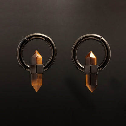 Tiger's eye Stone Ear Weight With Easy Clasp/ Black Stretched Earrings/  2G Lobe Earrings/ Hinged Lobe Weights Hoop/ Cricle Weights