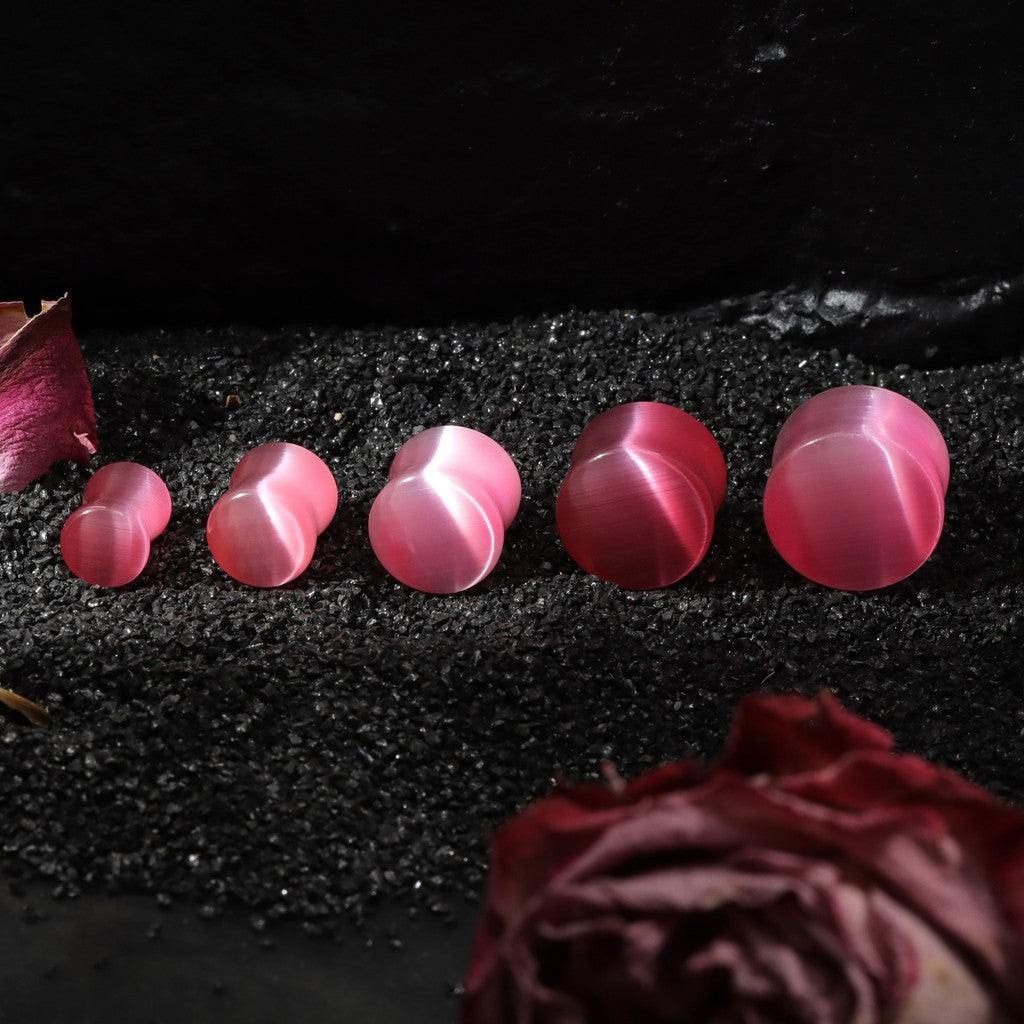 Pink Cat's Eye Stone Ear Plug Earrings/ Ear Gauges 6~14mm/ Stone Ear Stretchers