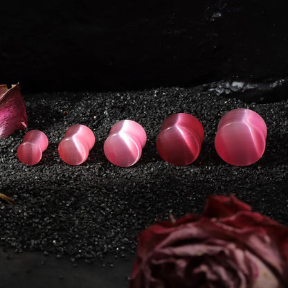 Pink Cat's Eye Stone Ear Plug Earrings/ Ear Gauges 6~14mm/ Stone Ear Stretchers
