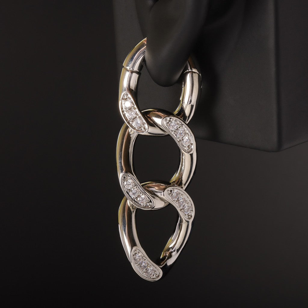 Silvery Cuban Chain Ear Weights Hanger with Easy Closure/ Mirror Polished CZ Paved Ear Gauge Jewelry/ Weighted Ear Hoop Clicker Steel/4mm