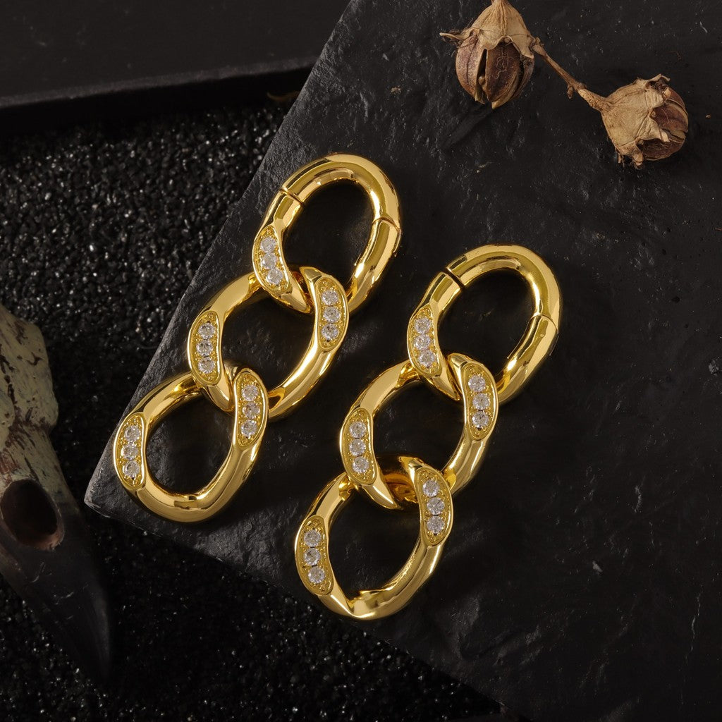 Silvery Cuban Chain Ear Weights Hanger with Easy Closure/ Mirror Polished CZ Paved Ear Gauge Jewelry/ Weighted Ear Hoop Clicker Steel/4mm