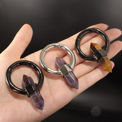 Tiger's eye Stone Ear Weight With Easy Clasp/ Black Stretched Earrings/  2G Lobe Earrings/ Hinged Lobe Weights Hoop/ Cricle Weights