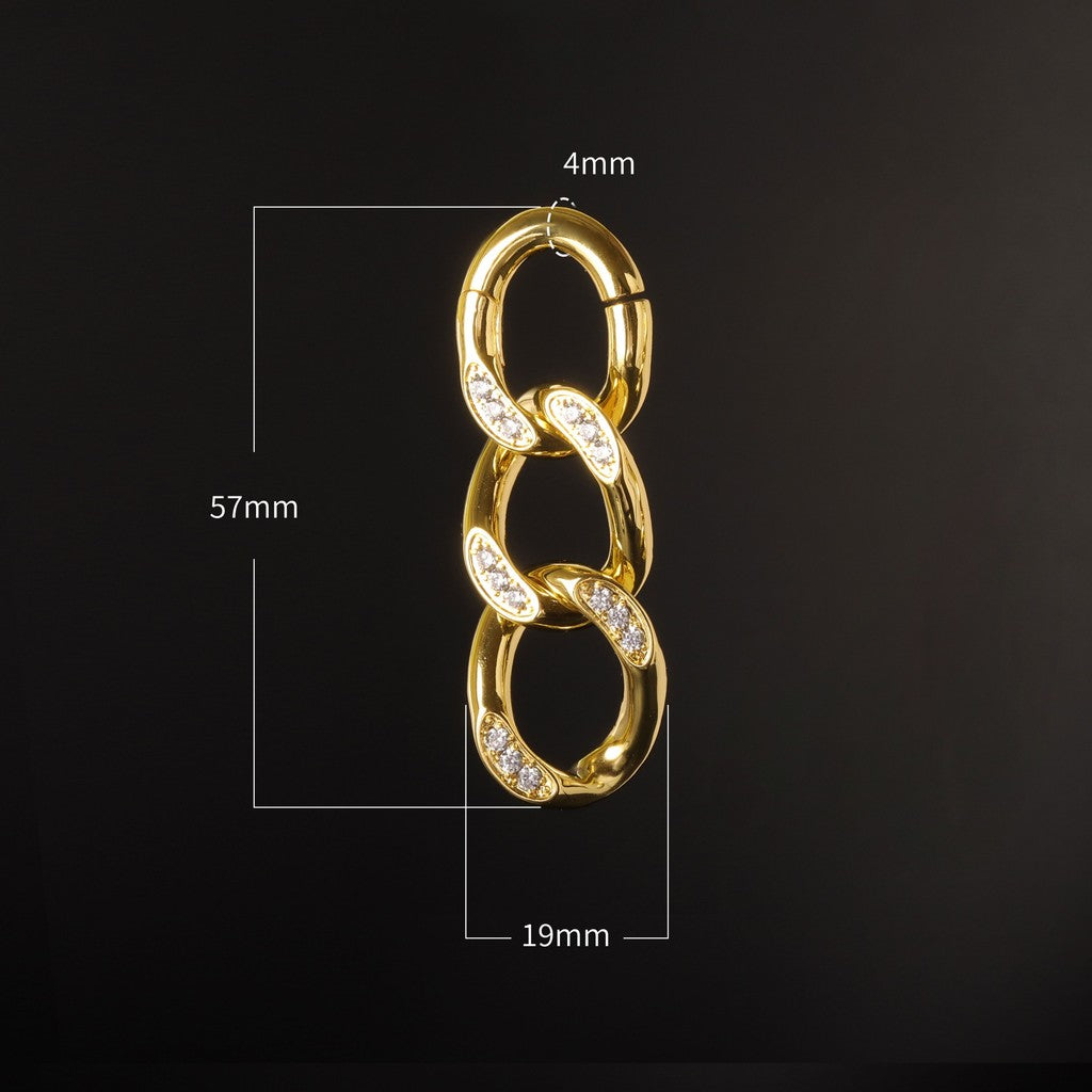 CZ Cuban Chain Ear Weights Hanger with Easy Closure/ Mirror Polished CZ Paved Ear Gauge Jewelry/ Weighted Ear Hoop Clicker Steel/ 4mm 6G