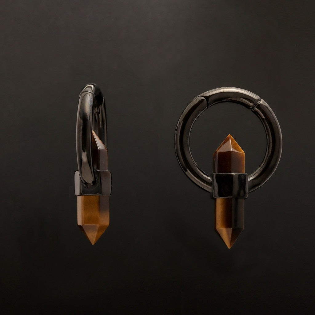 Tiger's eye Stone Ear Weight With Easy Clasp/ Black Stretched Earrings/  2G Lobe Earrings/ Hinged Lobe Weights Hoop/ Cricle Weights