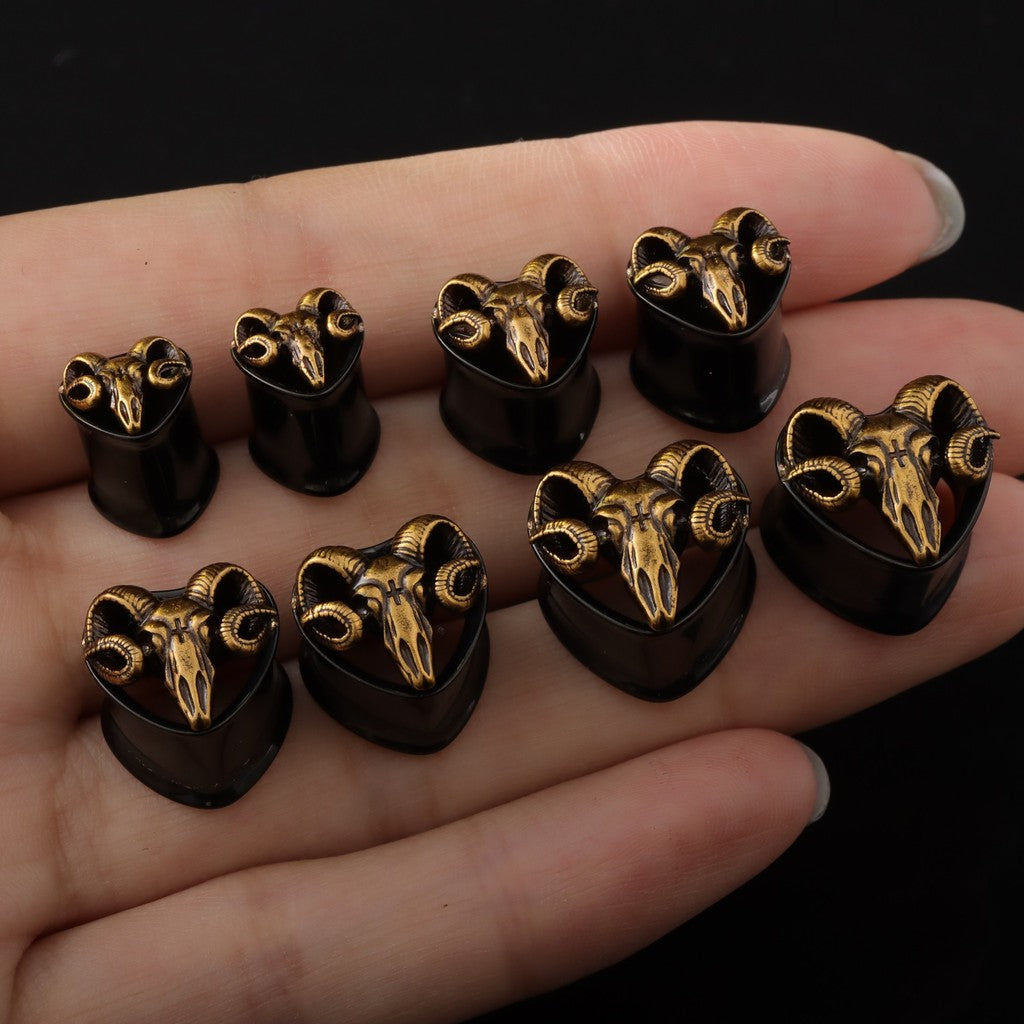 Handmade Ram Skull Ear Plugs – Golden & Black Acrylic Tunnels – Gothic Animal Skull Gauges – Unique Ear Stretching Jewelry – 8mm to 14mm