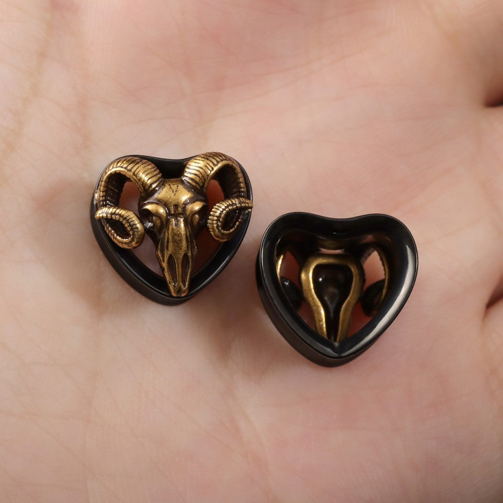 Handmade Ram Skull Ear Plugs – Golden & Black Acrylic Tunnels – Gothic Animal Skull Gauges – Unique Ear Stretching Jewelry – 8mm to 14mm