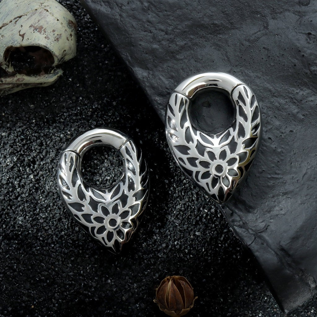 Pattern Tribal Ear Weights Hanger with Easy Closure/Teardrop Ear Gauge Earrings/Ear Stretched Jewelry/Weighted Hoops Silvery /Gauge Weight