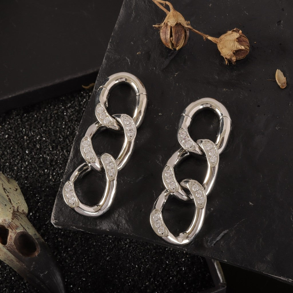 CZ Cuban Chain Ear Weights Hanger with Easy Closure/ Mirror Polished CZ Paved Ear Gauge Jewelry/ Weighted Ear Hoop Clicker Steel/ 4mm 6G