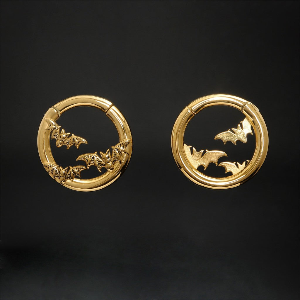 Flying Bat Ear Weights/ Round Ear Gauge Rings/ Stretched Ear Jewelry/6G Ear Plugs/Golden Ear Hangers/Steel Tunels