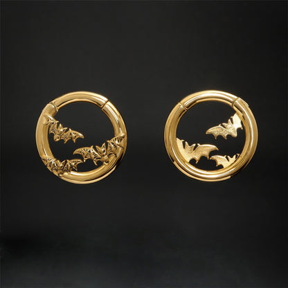 Flying Bat Ear Weights/ Round Ear Gauge Rings/ Stretched Ear Jewelry/6G Ear Plugs/Golden Ear Hangers/Steel Tunels