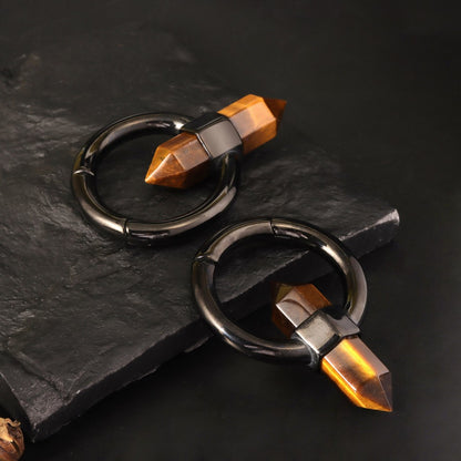 Tiger's eye Stone Ear Weight With Easy Clasp/ Black Stretched Earrings/  2G Lobe Earrings/ Hinged Lobe Weights Hoop/ Cricle Weights
