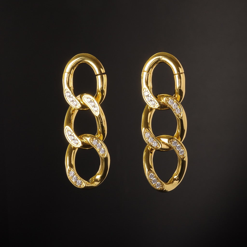 CZ Cuban Chain Ear Weights Hanger with Easy Closure/ Mirror Polished CZ Paved Ear Gauge Jewelry/ Weighted Ear Hoop Clicker Steel/ 4mm 6G