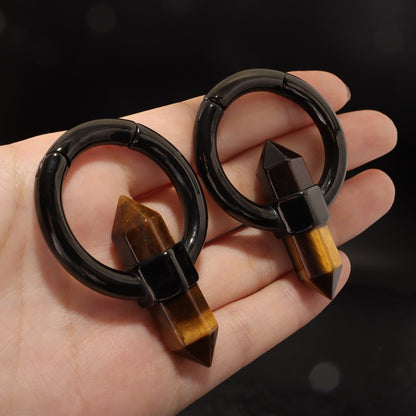 Tiger's eye Stone Ear Weight With Easy Clasp/ Black Stretched Earrings/  2G Lobe Earrings/ Hinged Lobe Weights Hoop/ Cricle Weights