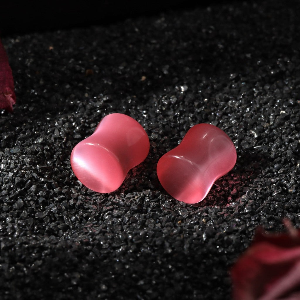 Pink Cat's Eye Stone Ear Plug Earrings/ Ear Gauges 6~14mm/ Stone Ear Stretchers